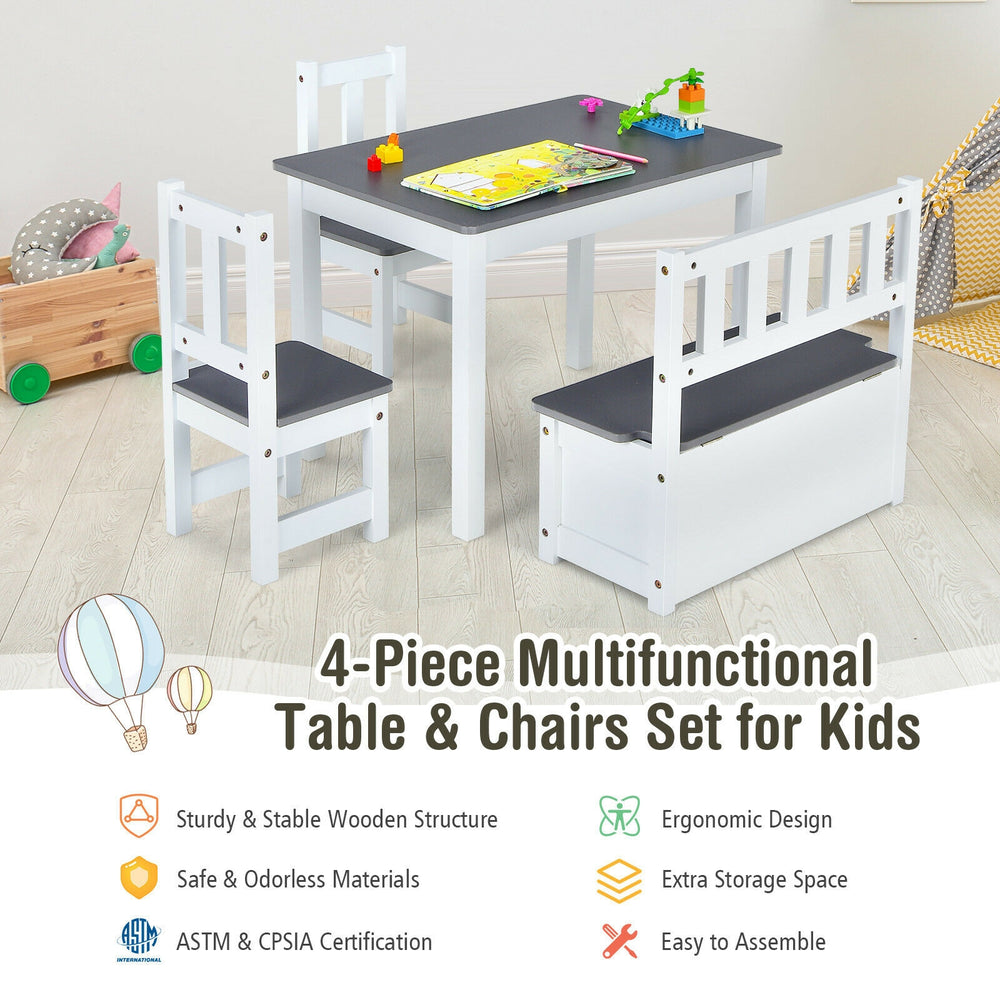 Kids wooden activity table and chairs set in gray with storage bench, ergonomic design for safe play and organization.