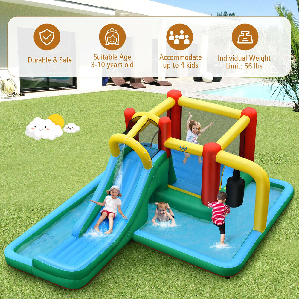 Inflatable water slide bounce house with climbing wall and splash pool, made of durable oxford cloth for outdoor fun.
