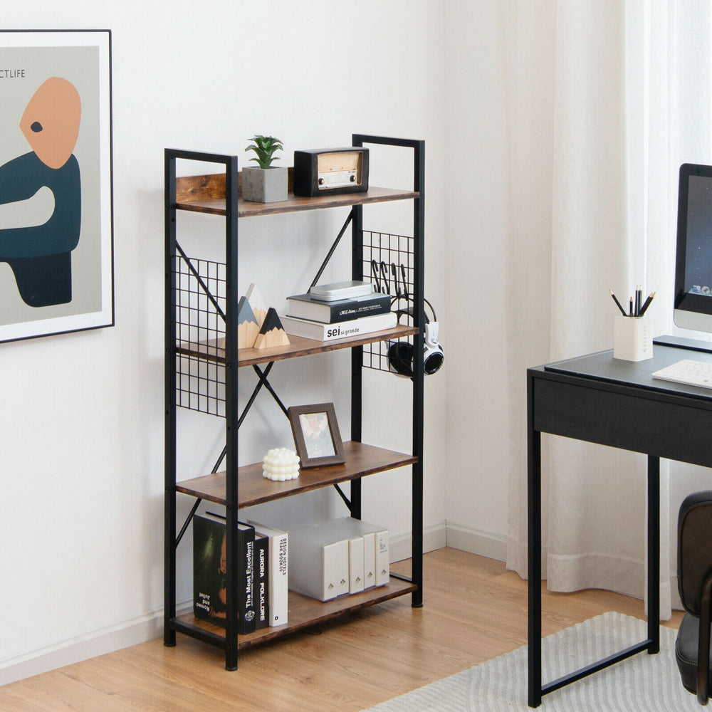 Industrial 4-tier bookshelf with wooden shelves, adjustable height, and powder-coated steel frame for versatile storage.
