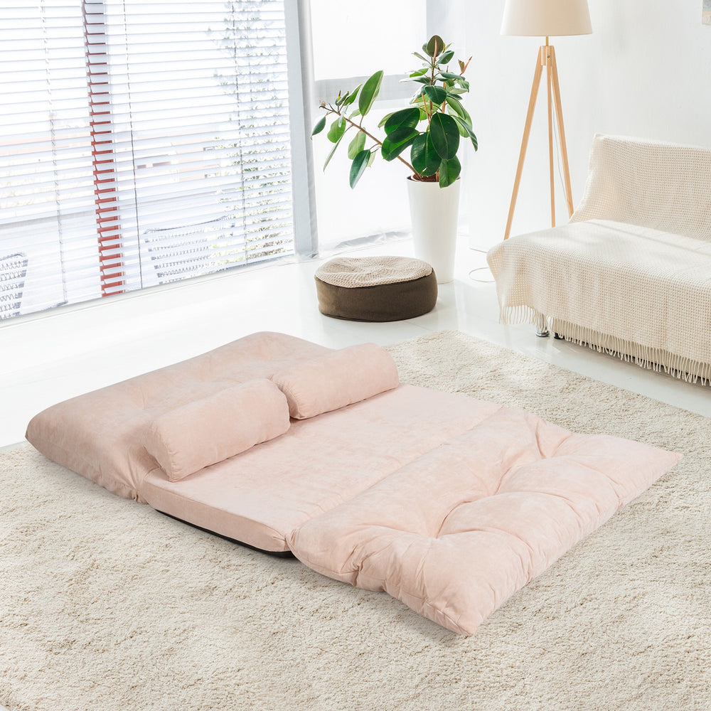 Beige 6-position adjustable sleeper lounge couch laid flat with two pillows, perfect for casual lounging or overnight.