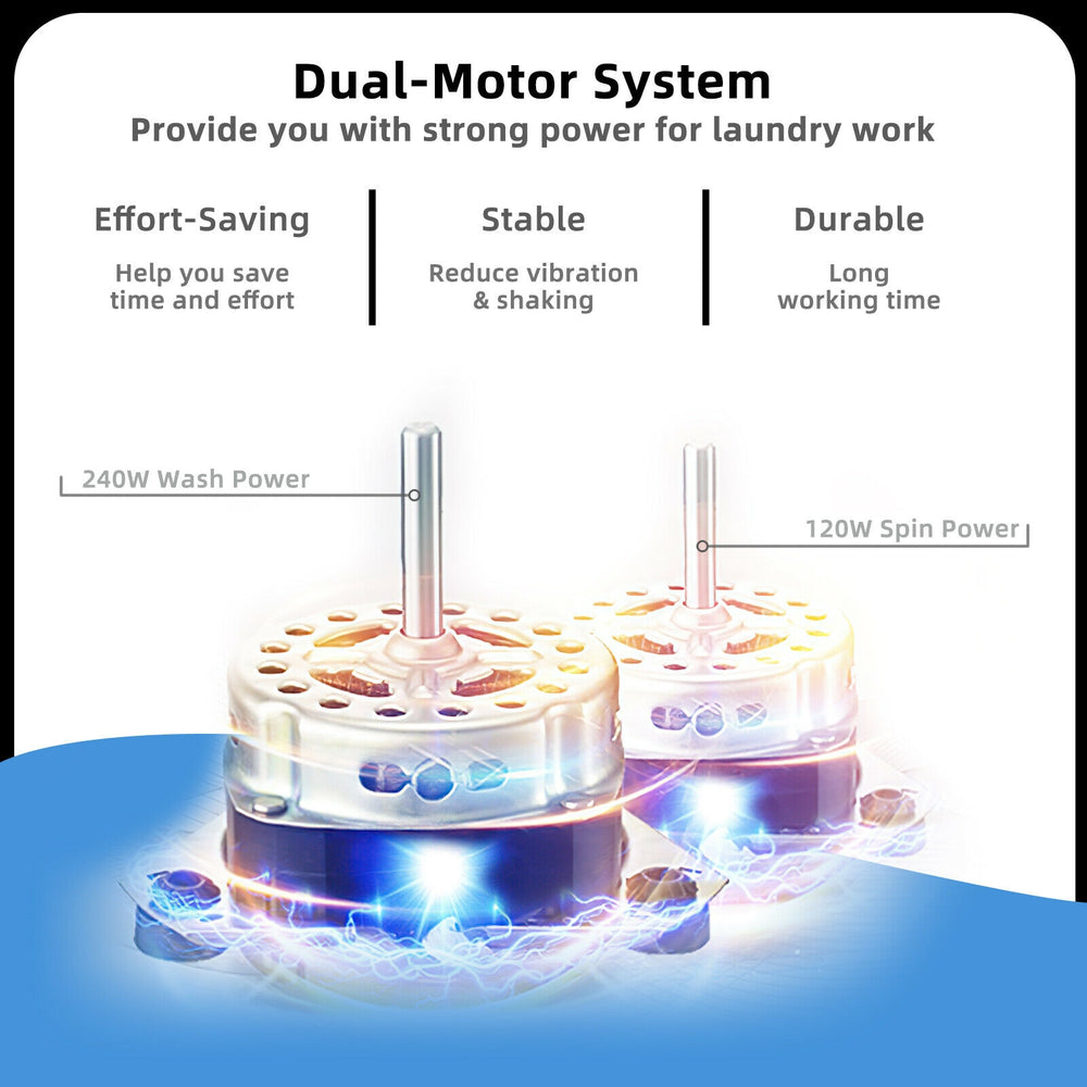 Compact twin tub washing machine with dual-motor system for efficient laundry, featuring separate timer controls.