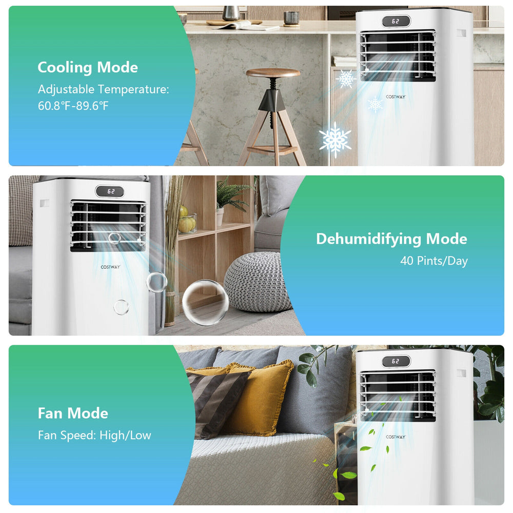 Portable 8000BTU air conditioner in cooling mode, adjustable temperature 60.8℉ to 89.6℉, ideal for small spaces.