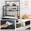 Freestanding black kitchen baker's rack with 3-tier shelves, wine glass holder, and drawer for versatile storage.
