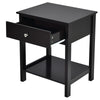 Black wooden storage shelf with drawer, featuring a round knob and smooth slide rails, ideal for easy access in small.