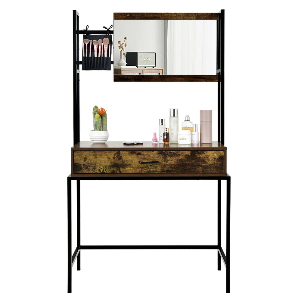 Industrial vanity table in bag-brown with adjustable mirror, spacious drawer, and brush storage for cosmetics.