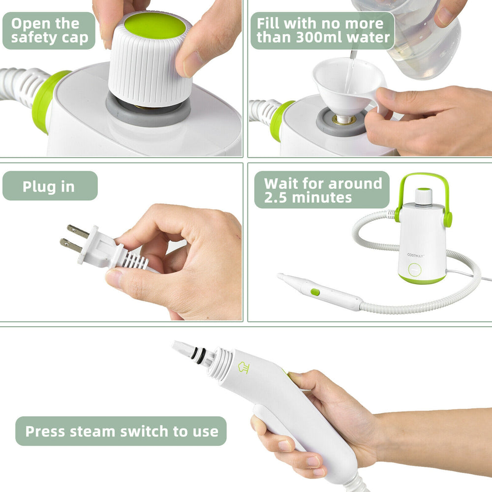 Hand-held steam cleaner with safety cap, measuring cup, and funnel for easy water filling and efficient cleaning.