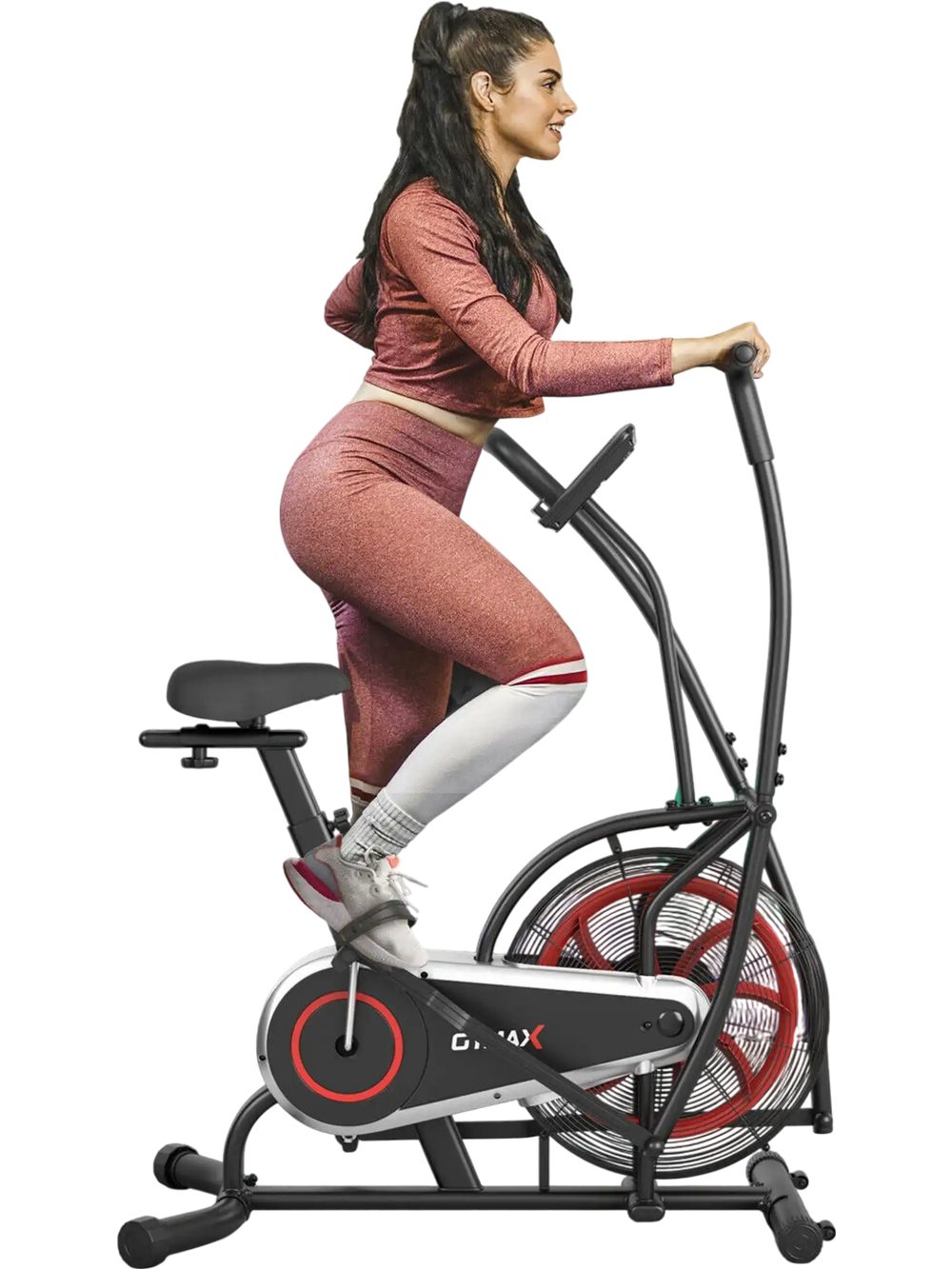 Upright air bike with unlimited resistance, featuring anti-slip handles and pedals for a full body workout.