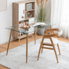 Rectangular glass dining table with wood grain imitation legs, ideal for home or office use, showcasing a modern design.