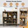 Buffet kitchen storage cupboard in rustic brown with glass doors, featuring 2 open compartments and adjustable shelves.