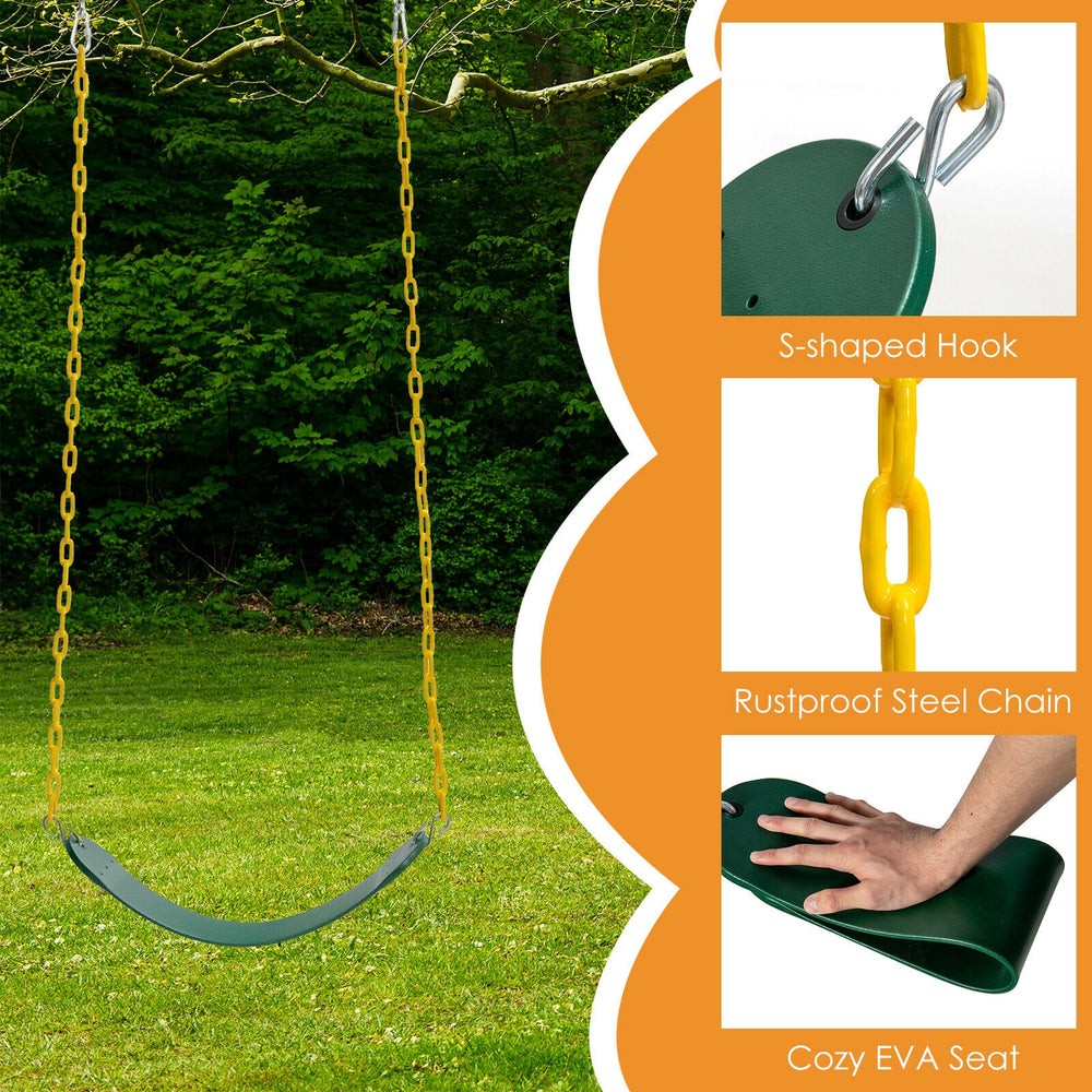 Green saucer tree swing with rustproof steel chain and cozy EVA seat, perfect for outdoor fun and stability for kids.