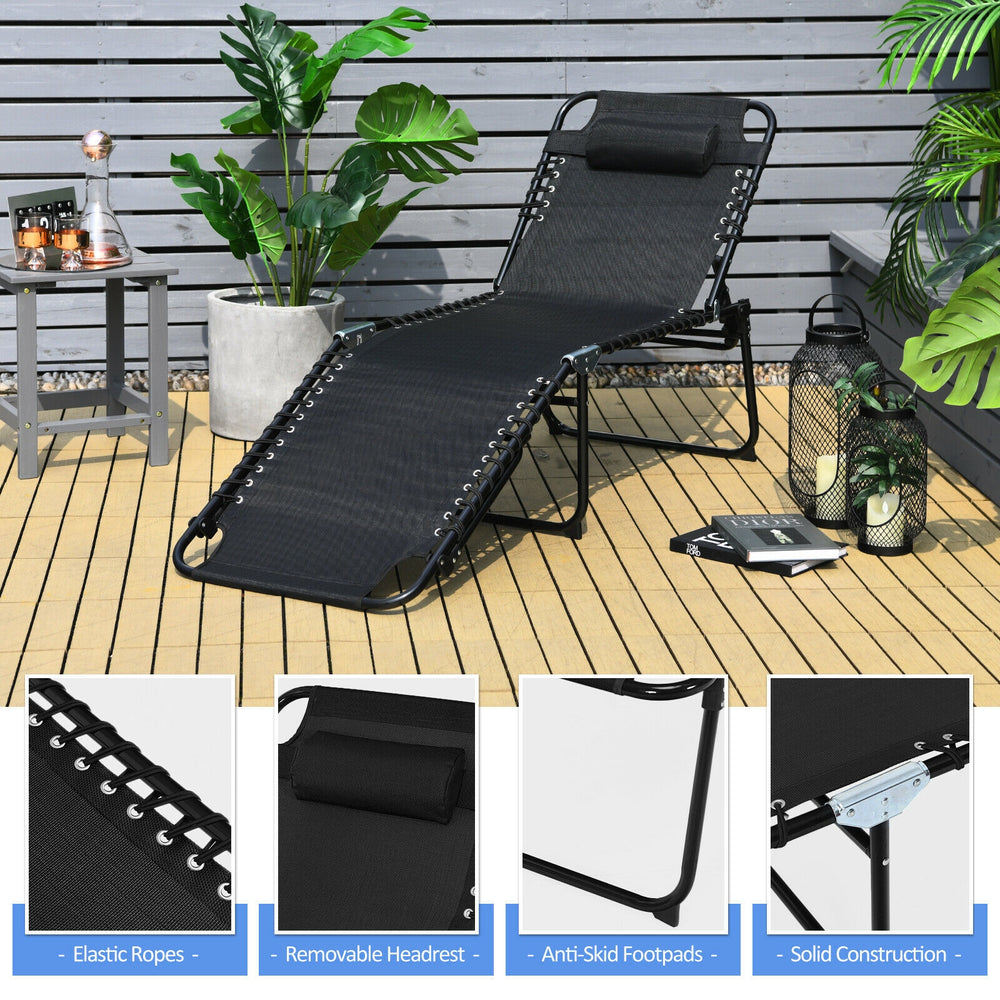 Foldable black lounge chair with adjustable backrest and footrest, made of breathable fabric and sturdy steel for.