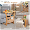 Bamboo side table with storage bag, featuring round corners, ideal for use as a sofa or bedside table.