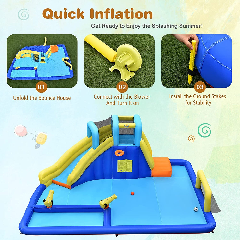 6-in-1 inflatable water slide with blower, featuring mesh walls and vibrant colors, perfect for garden fun.