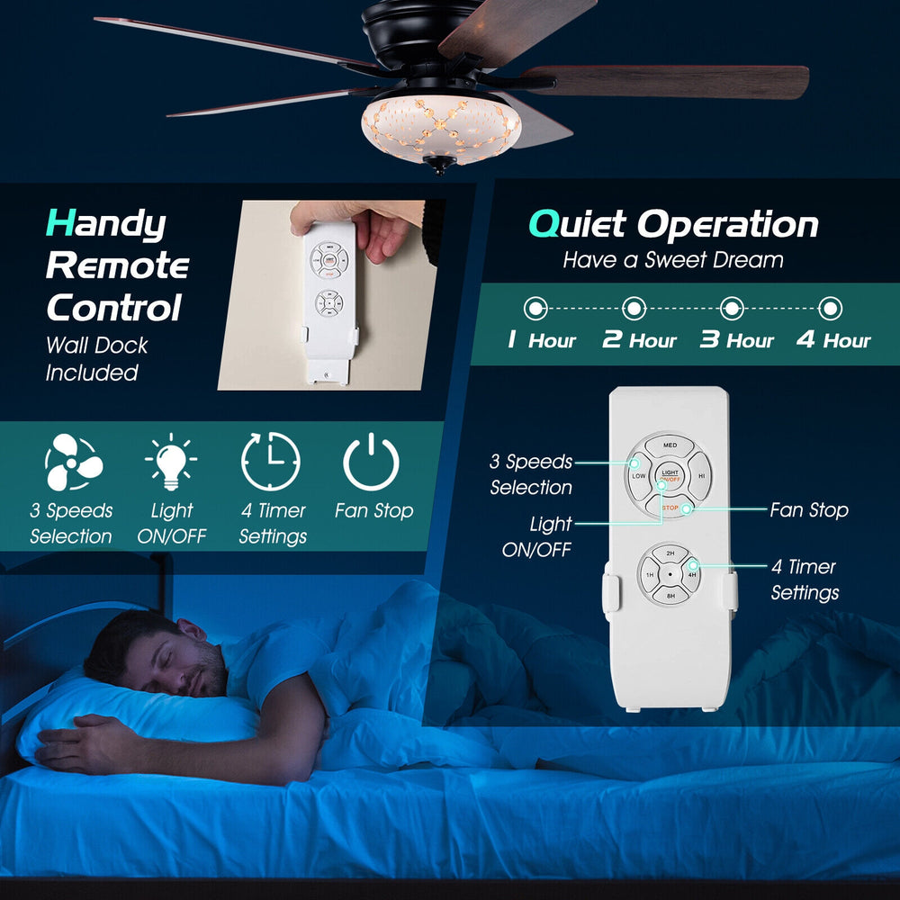 52-inch black ceiling fan with 3 speeds, 5 reversible blades, and remote control for quiet operation in medium to large.