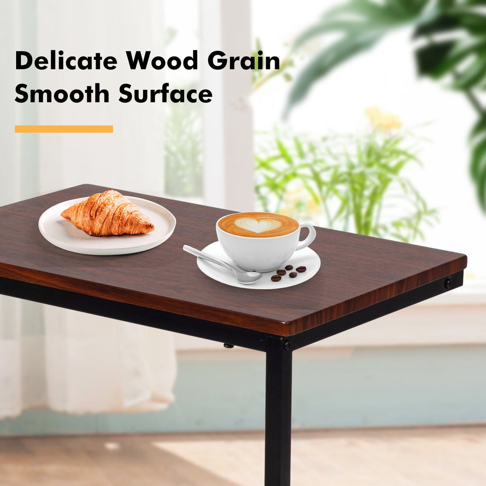Stylish 26-inch dark brown side table with smooth wood grain, perfect for holding laptops and snacks beside a sofa.