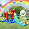 Inflatable kids water slide bounce house with splash pool, climbing wall, and ball pit for outdoor summer fun.