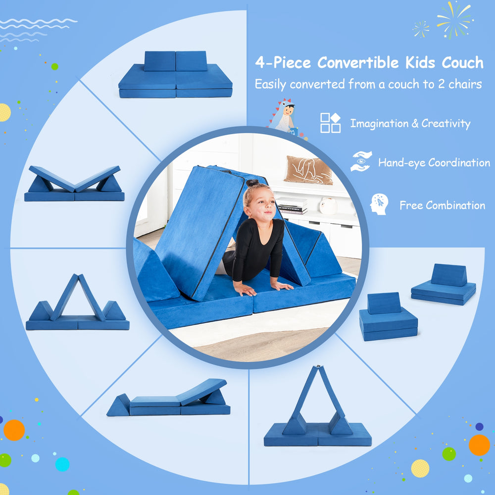Convertible 4-piece kids couch set in blue, featuring two folding mats and triangular pillows for imaginative play.