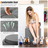 Round gray fabric storage ottoman with removable lid, padded seat, and wooden tray for versatile use in any room.