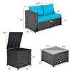 Cushioned loveseat from the 4-piece outdoor patio rattan furniture set in turquoise, featuring a storage box and.