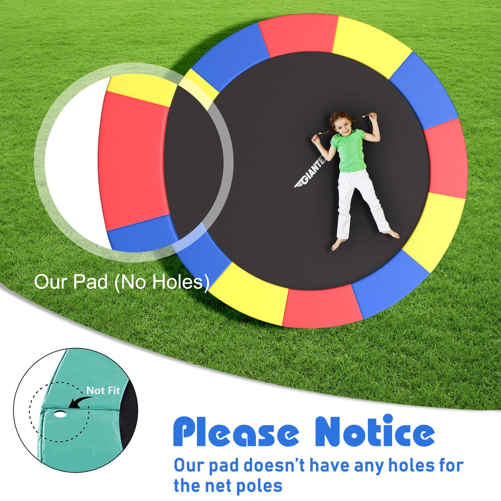 Multicolor 8 feet trampoline safety cover with thick EPE foam, seamless design, and elastic straps for easy attachment.