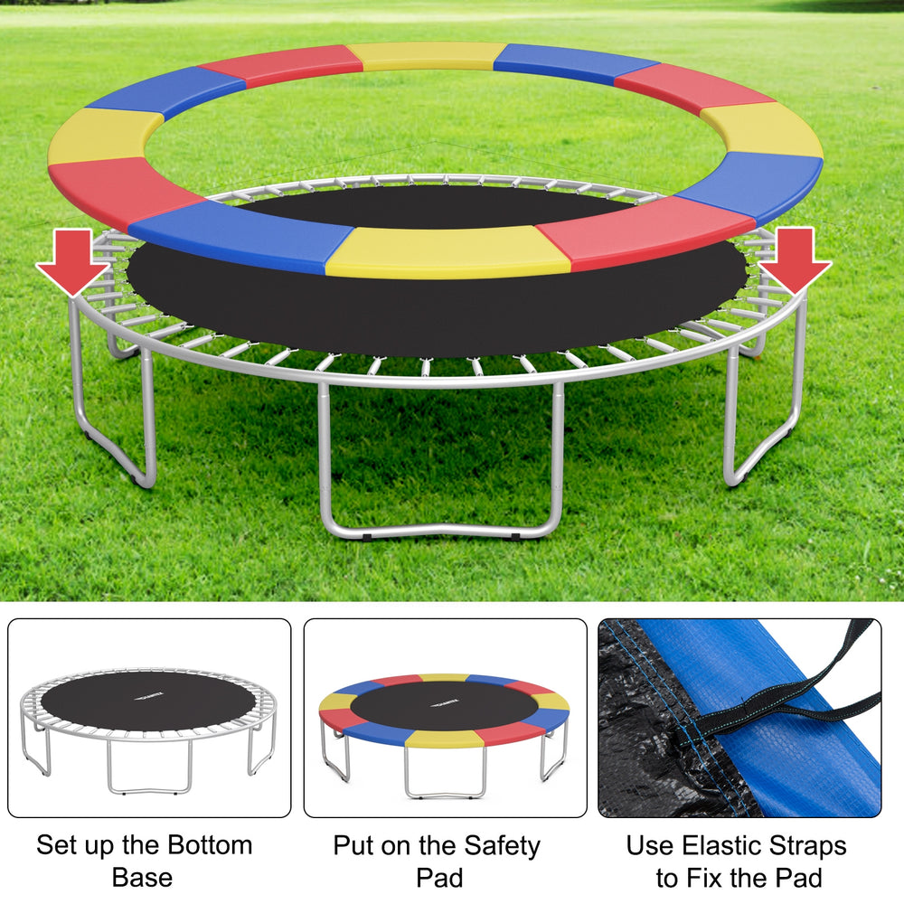 Multicolor trampoline replacement safety pad with EPE foam, waterproof design, and elastic straps for secure fit.