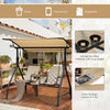2-seat outdoor cushioned porch swing with adjustable canopy and tempered glass table for patio or garden use.