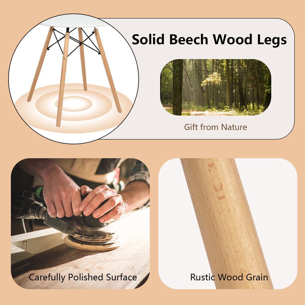 Solid beech wood legs of a round modern dining table, showcasing rustic wood grain and polished surface for stability.