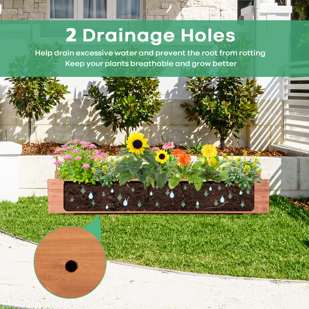 Wooden decorative raised garden bed with vibrant flowers, featuring two drainage holes for optimal plant growth.