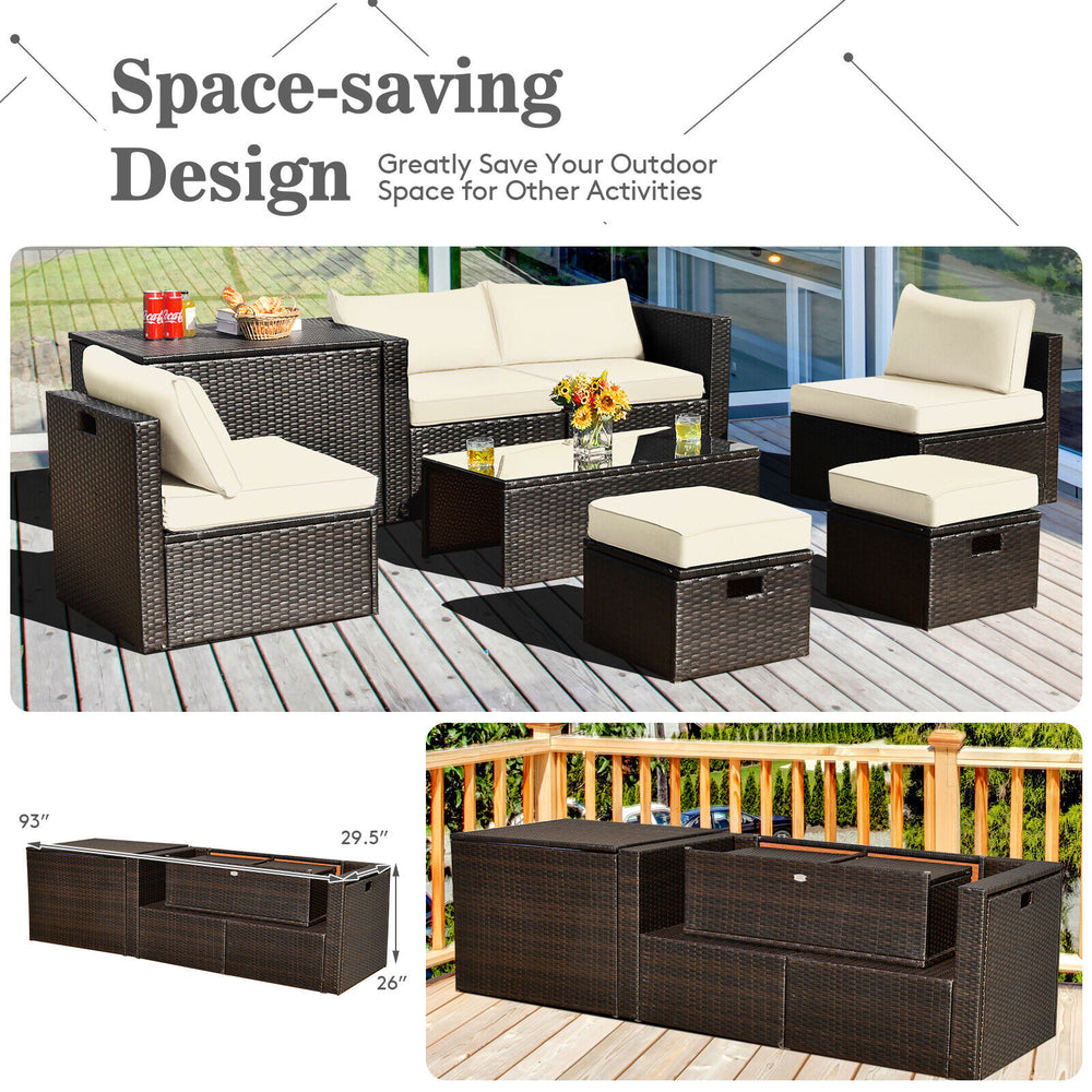 8-piece patio rattan furniture set with storage box, tempered glass table, and soft cushions for outdoor comfort.