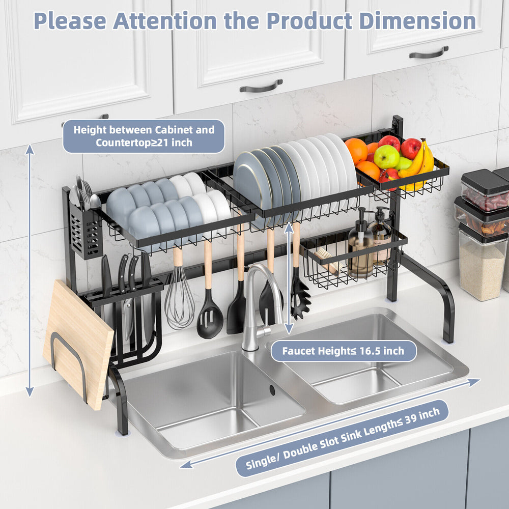 2 Tier adjustable over sink dish drying rack with baskets, hooks, and utensil holder for efficient kitchen storage.