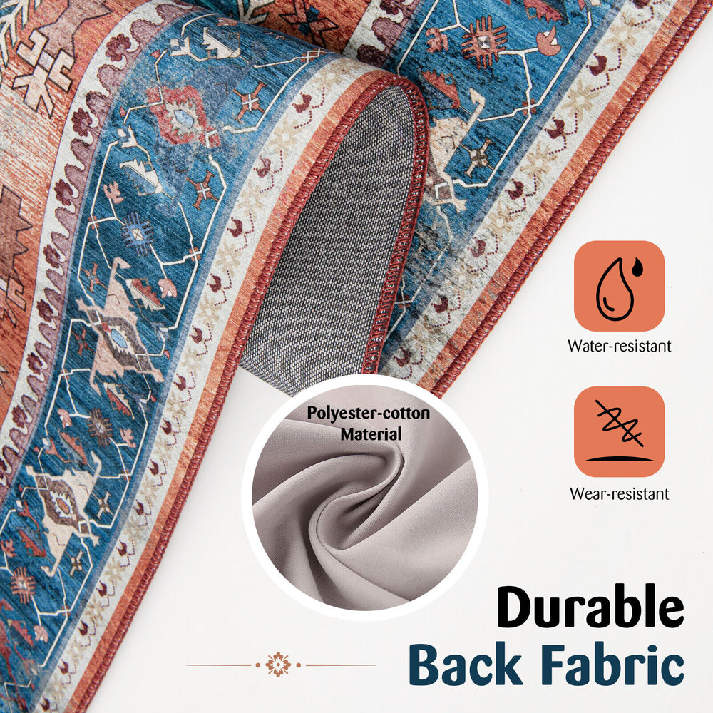 Durable polyester-cotton back fabric of a 5 x 7 inch vintage area rug, water-resistant and wear-resistant for indoor.