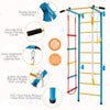 Kids indoor gym playground featuring a wall ladder, pull-up bar, and gymnastic rings, made of rust-resistant carbon.
