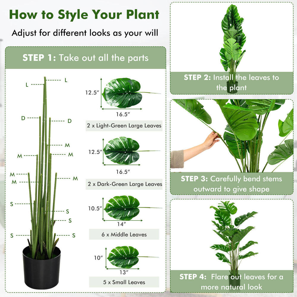 5 feet artificial monstera deliciosa plant with 15 large leaves, made of durable PEVA, ideal for indoor and outdoor.