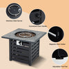 Square propane fire pit table with stainless steel burner, lava rocks, and adjustable foot pads for outdoor use.