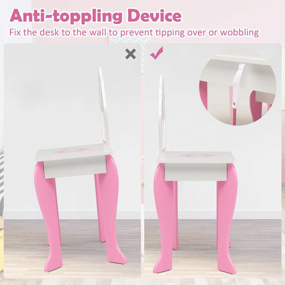 Anti-toppling device for the 2-in-1 toddler vanity set, ensuring stability and safety for children's use.