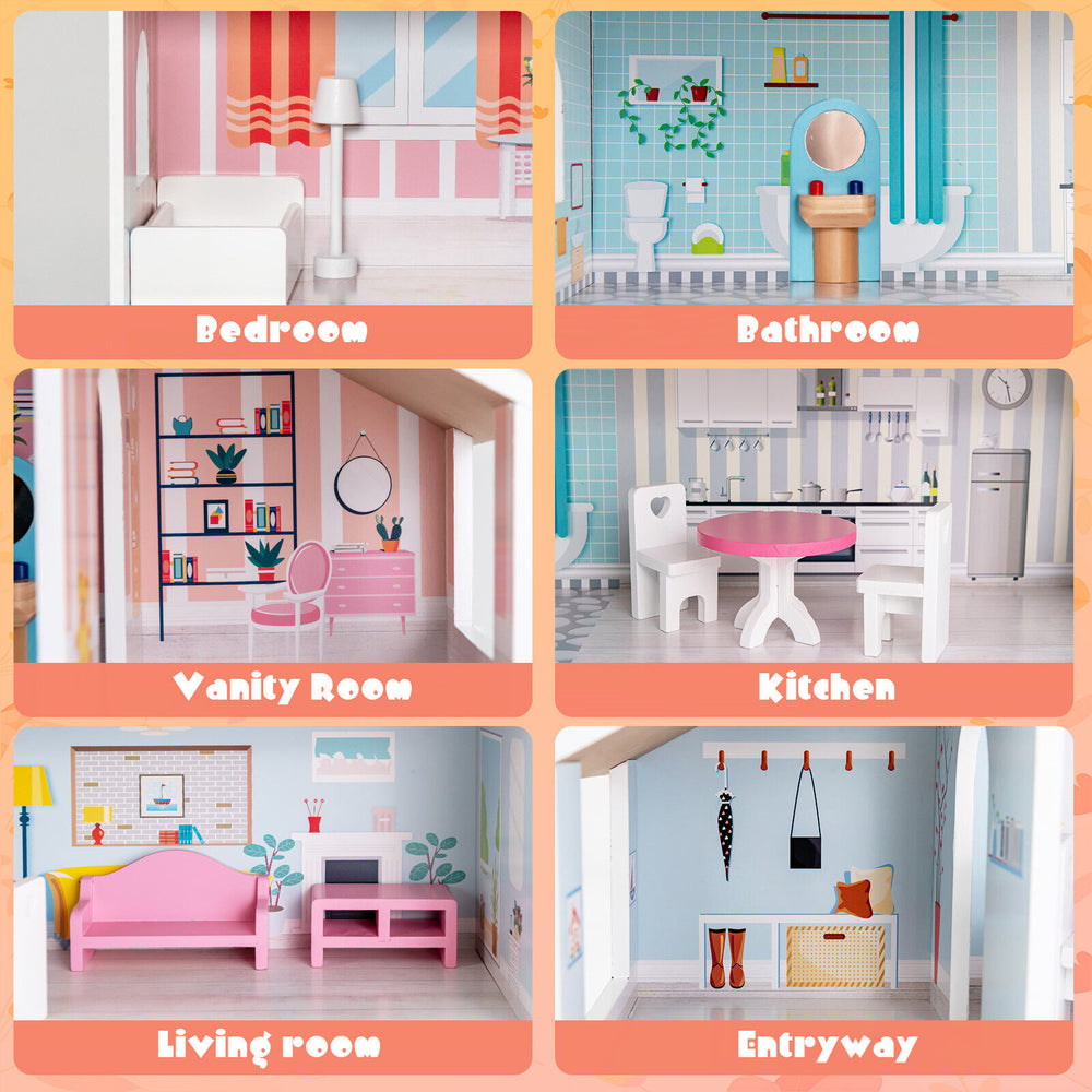 Colorful 3-tier toddler dollhouse showcasing six rooms with furniture, designed for imaginative play and safety.