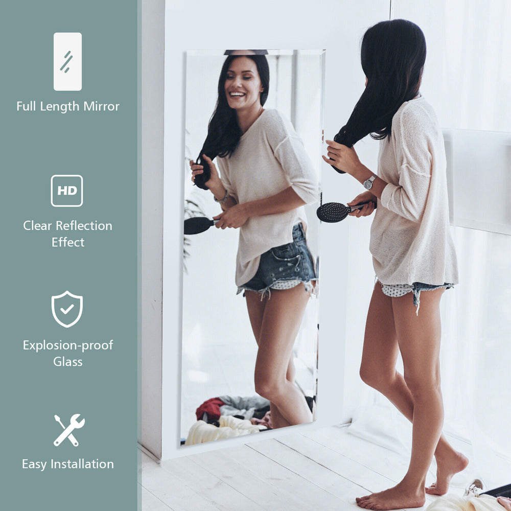 Frameless full-length mirror, 43 x 15 inches, with clear reflection and explosion-proof glass, ideal for any room.