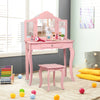 Kids pink vanity table set with tri-folding mirrors and stool, perfect for makeup and organizing cosmetics in a child's.