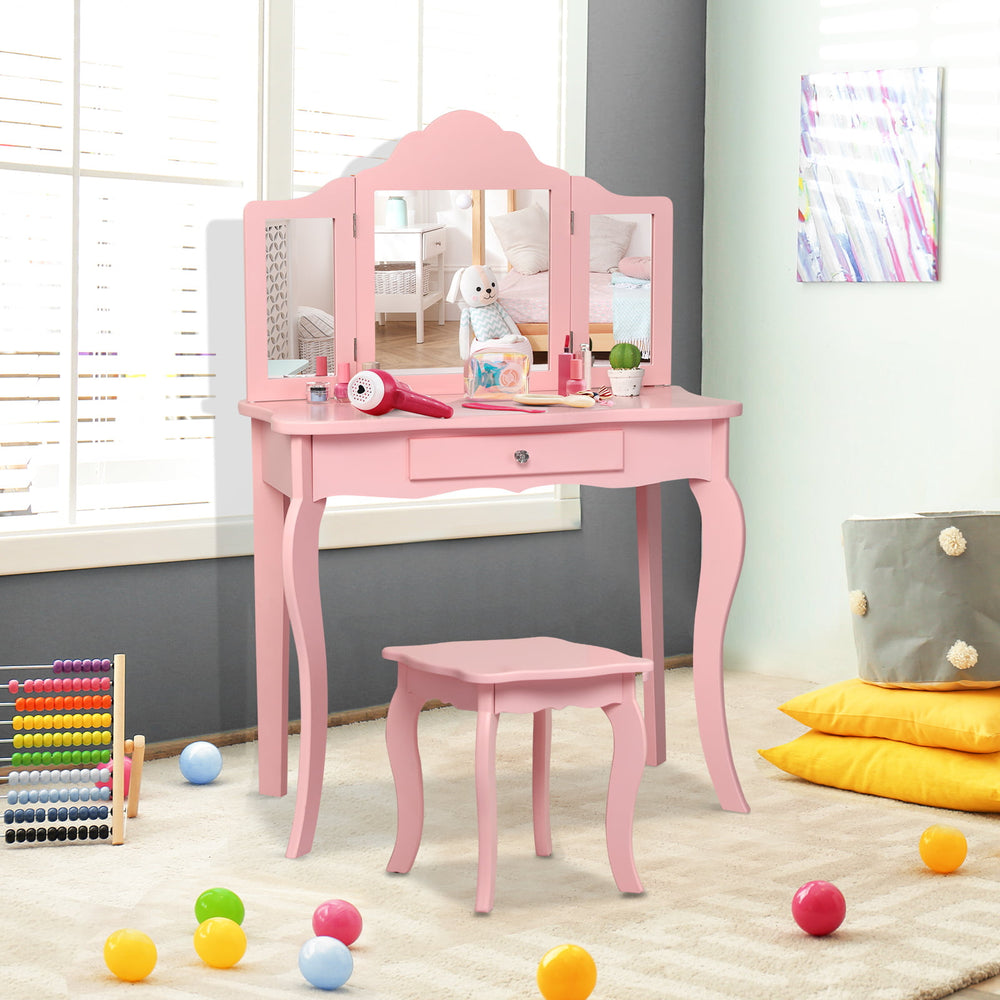 Kids pink vanity table set with tri-folding mirrors and stool, perfect for makeup and organizing cosmetics in a child's.
