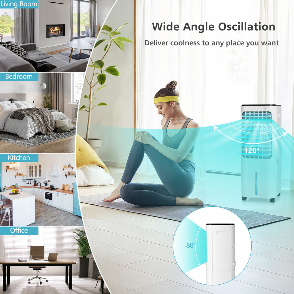 4-in-1 evaporative air cooler in white with remote control, 12L tank, and oscillating function for versatile cooling.