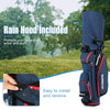 9.5-inch golf cart bag in navy with detachable rain hood, featuring 14-way dividers and 8 zippered pockets for storage.