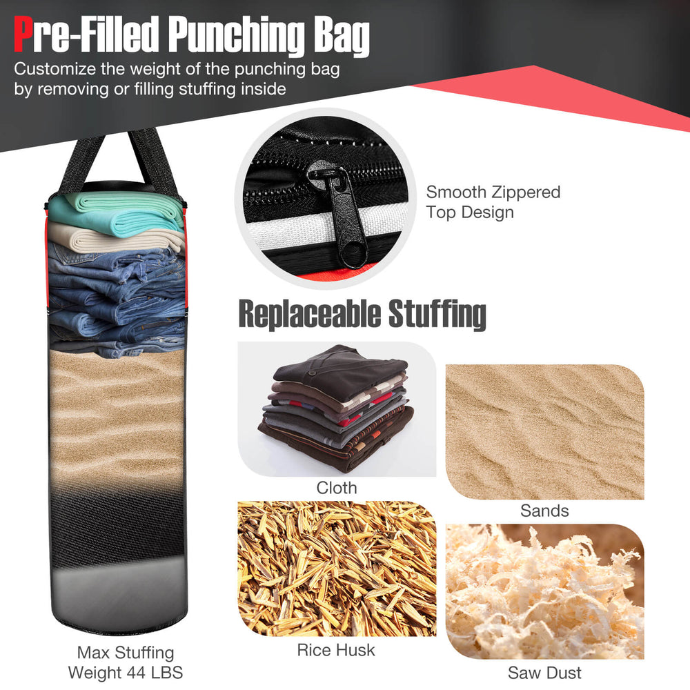 Kids hanging punching bag set with replaceable stuffing, durable black material, ideal for Karate and Taekwondo.