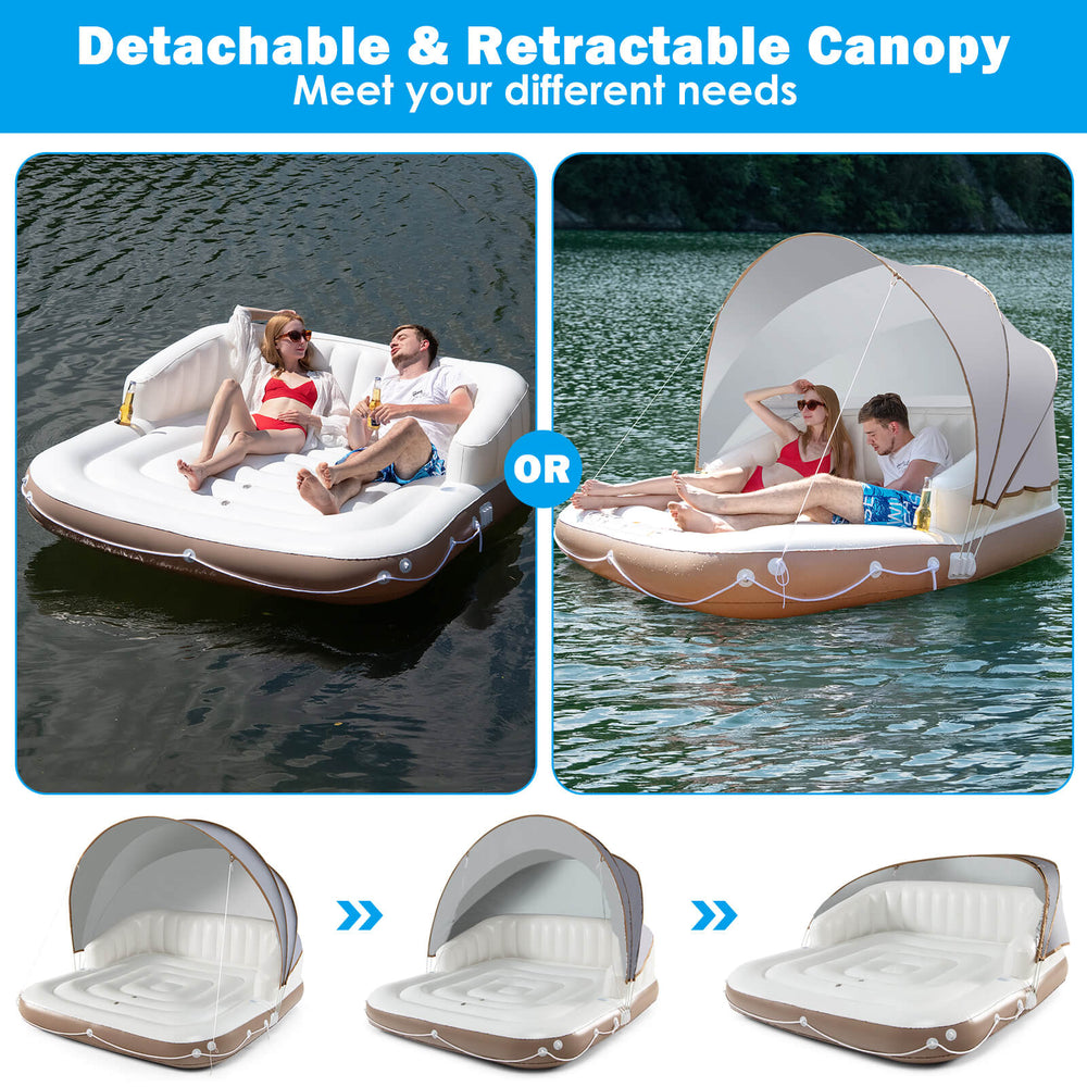 Inflatable pool float lounge showcasing the compact design with retractable canopy for easy transport and sun.