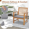 Outdoor chair with gray cushion, sturdy acacia wood frame, ergonomic design, ideal for backyard relaxation.