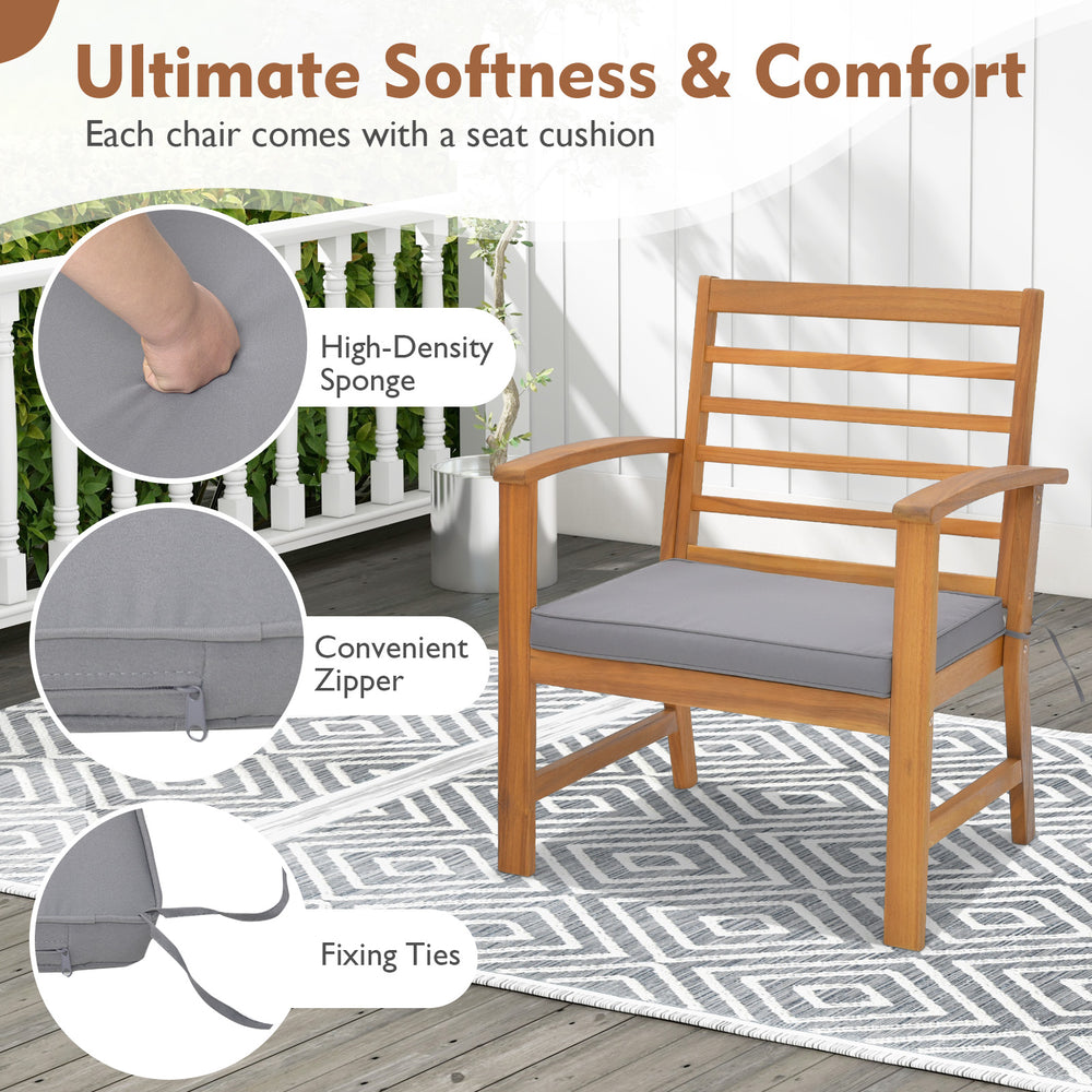 Outdoor chair with gray cushion, sturdy acacia wood frame, ergonomic design, ideal for backyard relaxation.