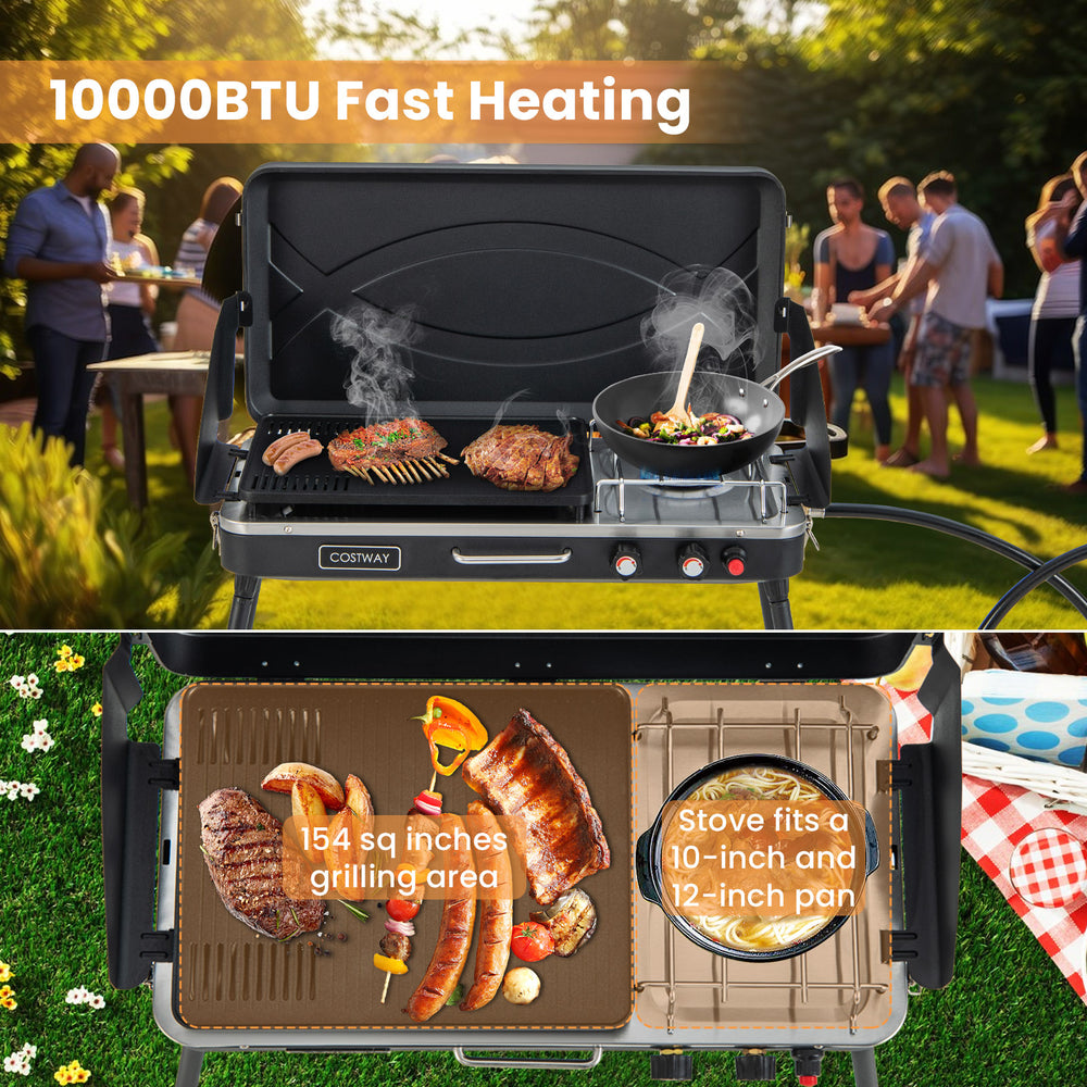 2-in-1 gas camping grill and stove with detachable legs, 10,000 BTU burners, ideal for BBQ and outdoor cooking.