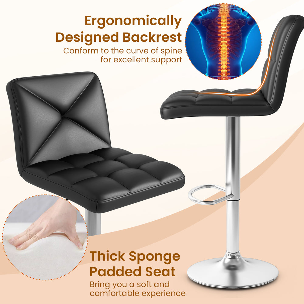 Black PU leather bar stool with ergonomic backrest and thick sponge padded seat, adjustable height for comfort.