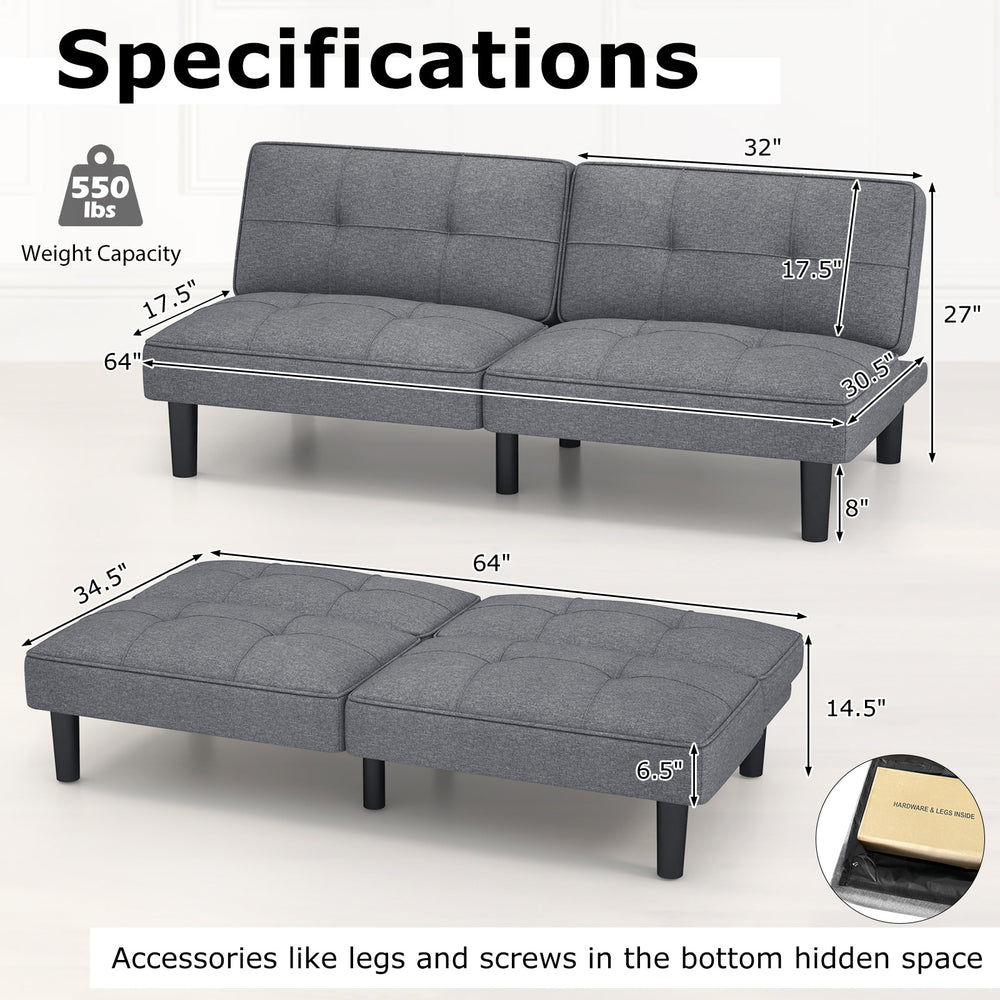Convertible gray futon sofa bed with 6-position adjustable backrest, ideal for relaxing or sleeping, featuring sturdy.