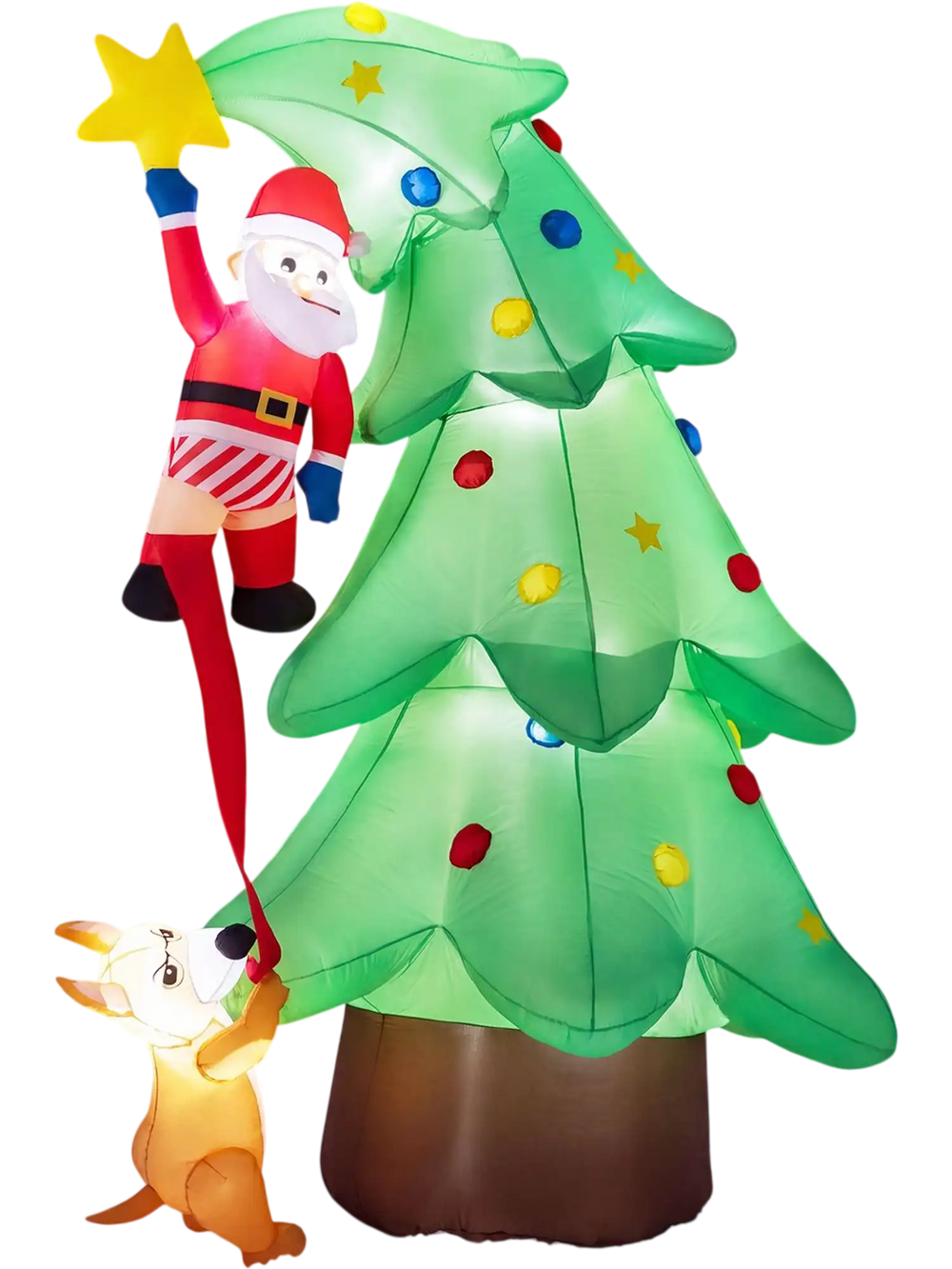 Inflatable 7.6 FT Christmas tree with a dog chasing Santa Claus, featuring built-in LED lights for festive outdoor decoration.