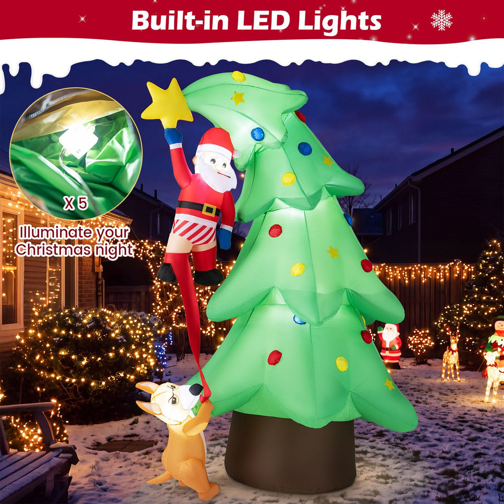 Inflatable 7.6 FT Christmas tree with built-in LED lights features a dog chasing Santa Claus for festive outdoor decoration.
